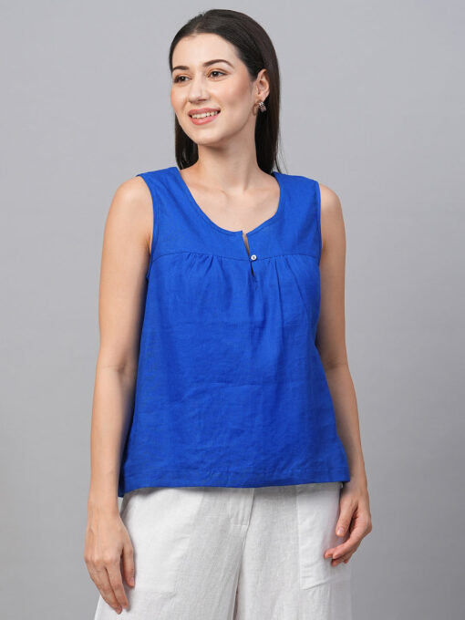 Women's Royalblue Linen Regular Fit Blouse - Image 2