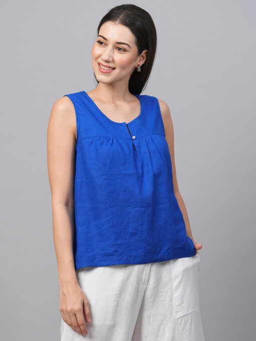 Women's Royalblue Linen Regular Fit Blouse - Image 4