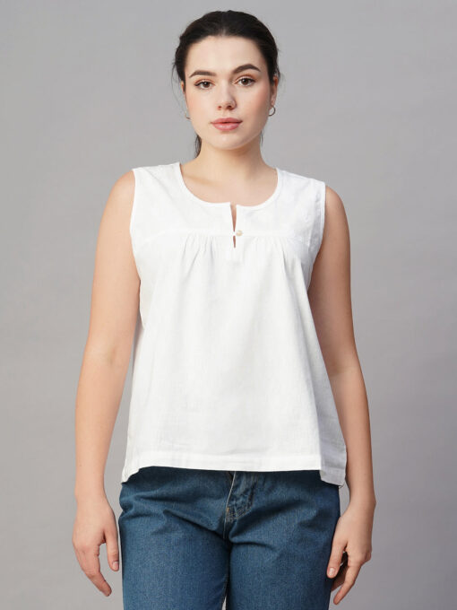 Women's White Cotton Linen Regular Fit Blouse - Image 2