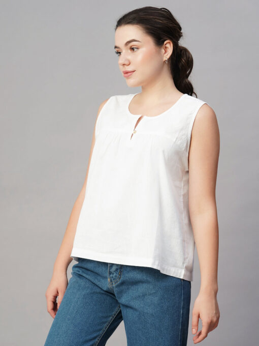 Women's White Cotton Linen Regular Fit Blouse - Image 3