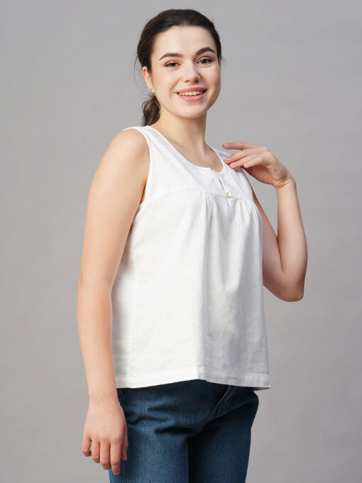 Women's White Cotton Linen Regular Fit Blouse - Image 4