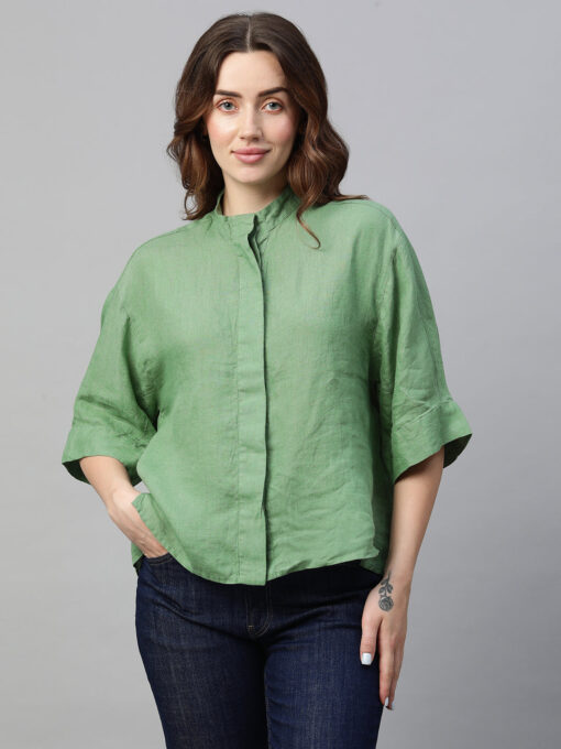 Women's Green Linen Regular Fit Blouse - Image 2