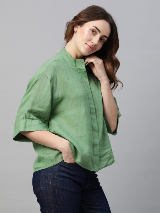 Women's Green Linen Regular Fit Blouse - Image 3