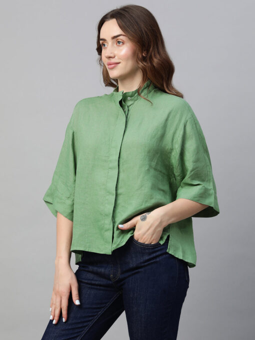 Women's Green Linen Regular Fit Blouse - Image 4