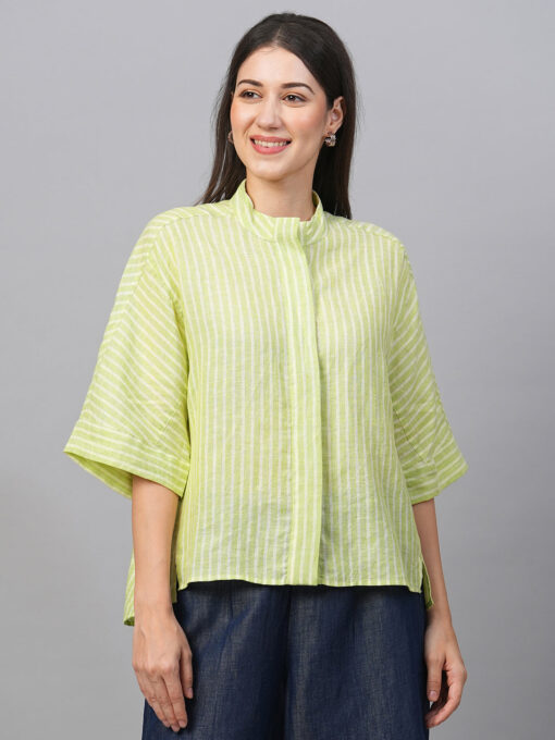 Women's Green Linen Boxy Fit Blouse - Image 2