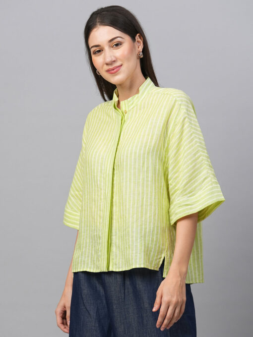 Women's Green Linen Boxy Fit Blouse - Image 3