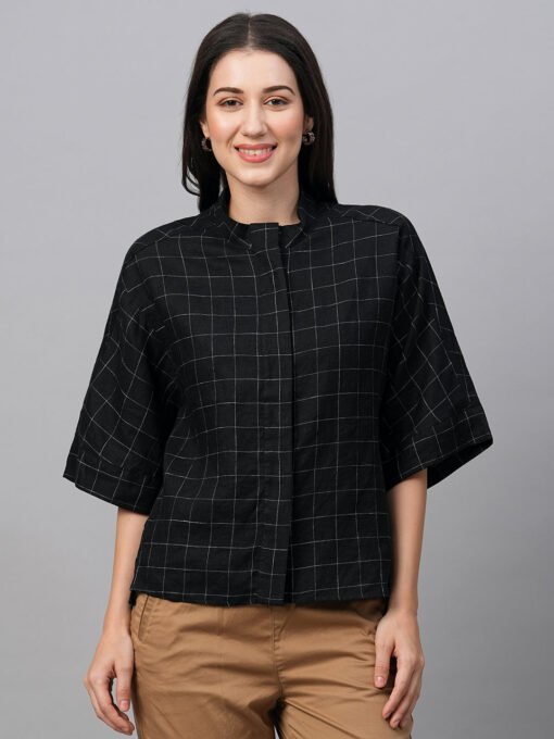 Women's Black Linen Boxy Fit Blouse - Image 2