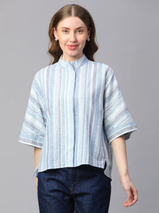 Women's Blue Cotton Linen Boxy Fit Blouse - Image 2