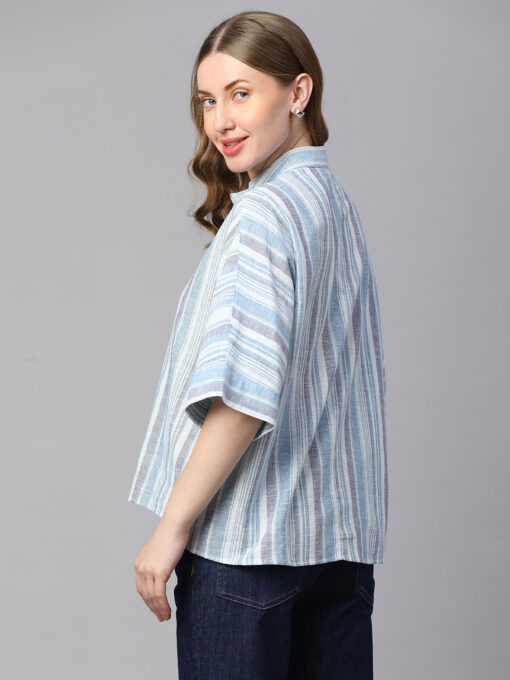 Women's Blue Cotton Linen Boxy Fit Blouse - Image 5