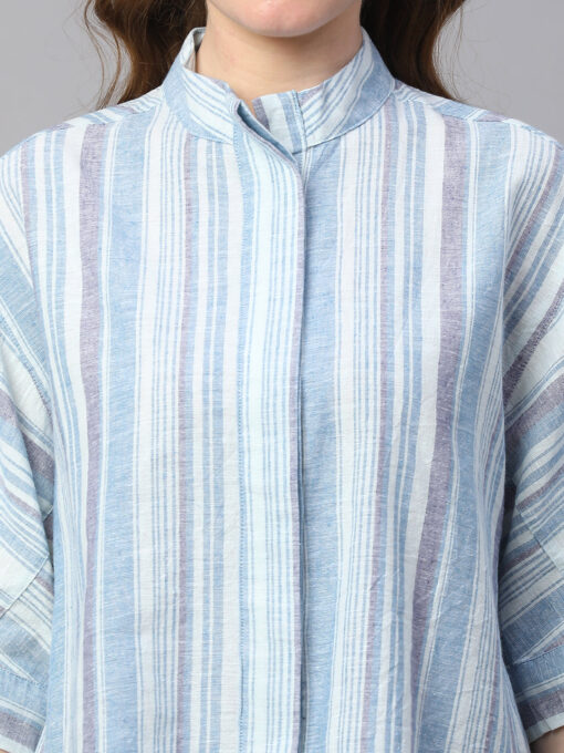 Women's Blue Cotton Linen Boxy Fit Blouse - Image 6