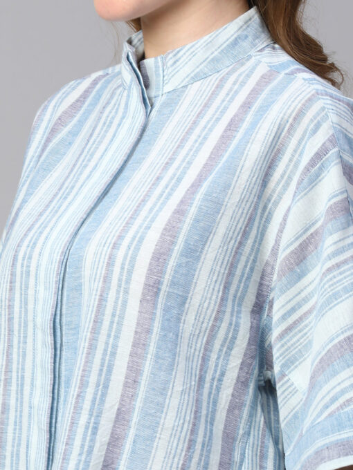 Women's Blue Cotton Linen Boxy Fit Blouse - Image 7