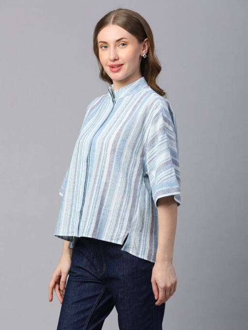 Women's Blue Cotton Linen Boxy Fit Blouse - Image 3