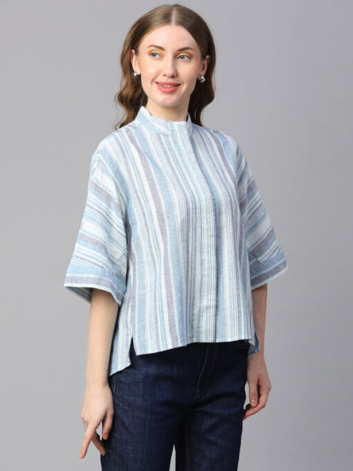 Women's Blue Cotton Linen Boxy Fit Blouse - Image 4