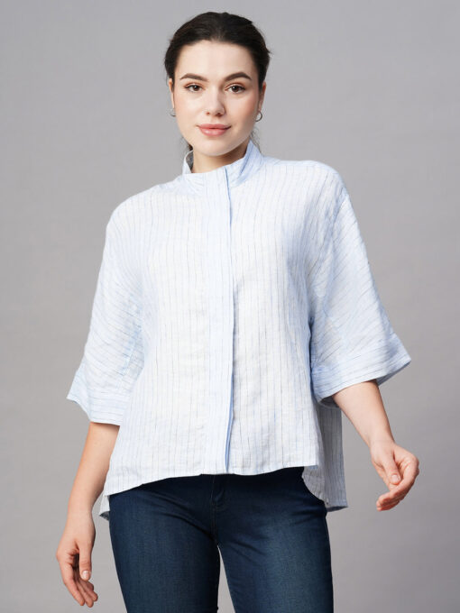 Women's Blue Linen Boxy Fit Blouse - Image 2