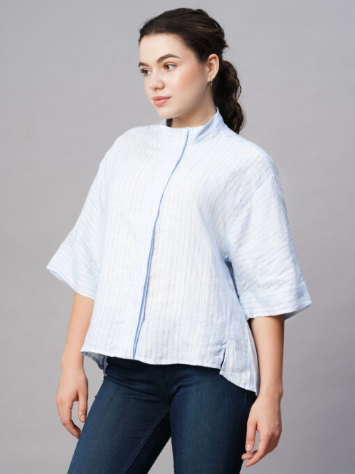 Women's Blue Linen Boxy Fit Blouse - Image 3