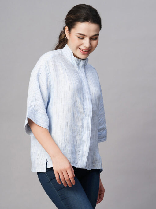 Women's Blue Linen Boxy Fit Blouse - Image 4