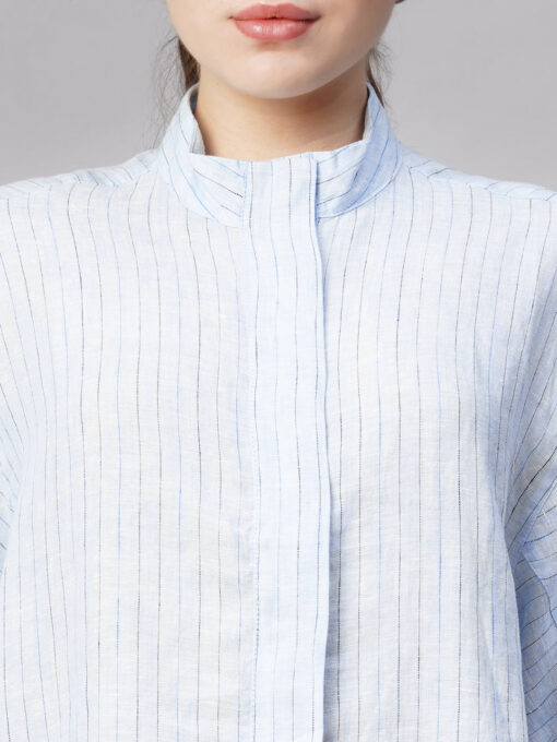 Women's Blue Linen Boxy Fit Blouse - Image 6