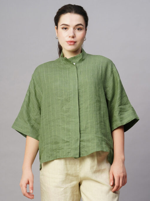 Women's Green Linen Boxy Fit Blouse - Image 2