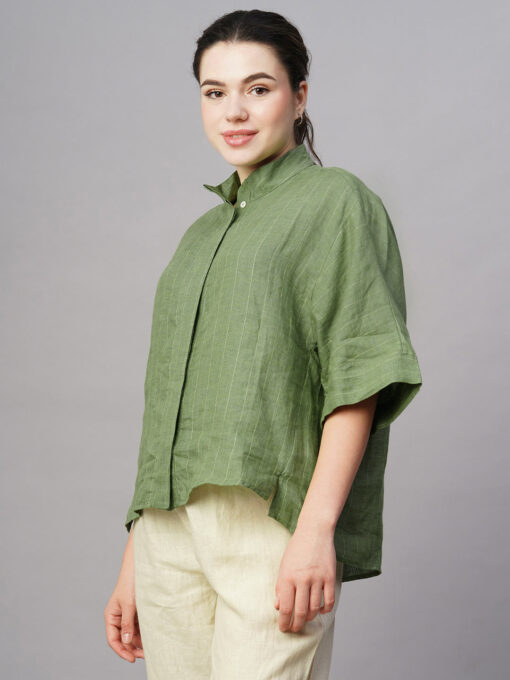 Women's Green Linen Boxy Fit Blouse - Image 3