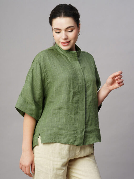 Women's Green Linen Boxy Fit Blouse - Image 4