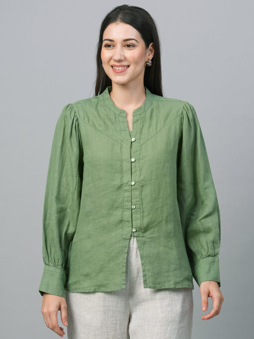 Women's Green Linen Regular Fit Blouse - Image 2