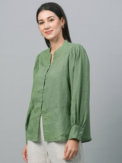 Women's Green Linen Regular Fit Blouse - Image 3