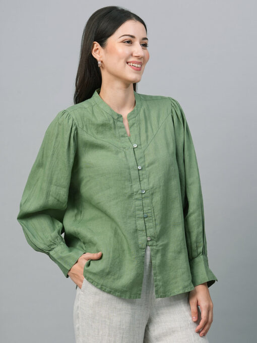 Women's Green Linen Regular Fit Blouse - Image 4