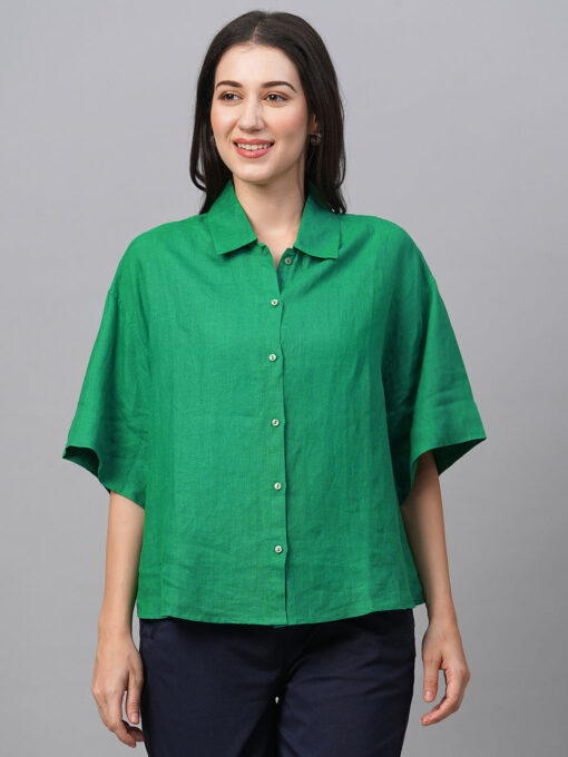 Women's Green Linen Boxy Fit Blouse - Image 2