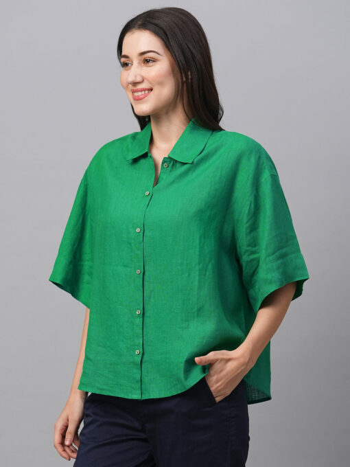 Women's Green Linen Boxy Fit Blouse - Image 3