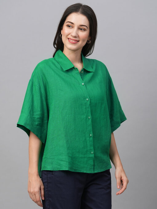 Women's Green Linen Boxy Fit Blouse - Image 4