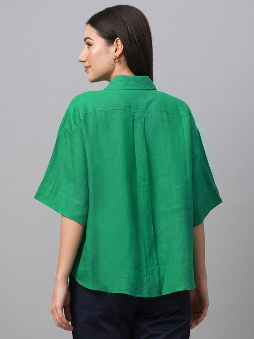 Women's Green Linen Boxy Fit Blouse - Image 5