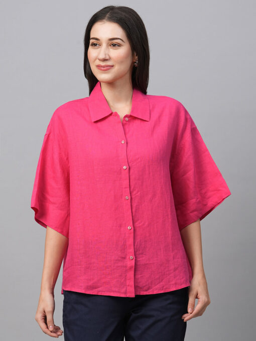 Women's Pink Linen Boxy Fit Blouse - Image 3