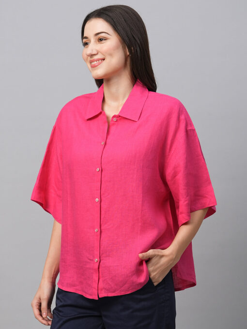 Women's Pink Linen Boxy Fit Blouse - Image 4