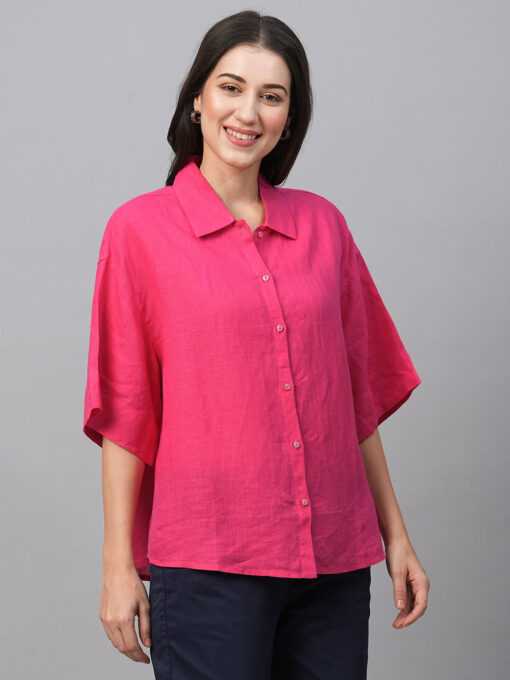 Women's Pink Linen Boxy Fit Blouse - Image 5