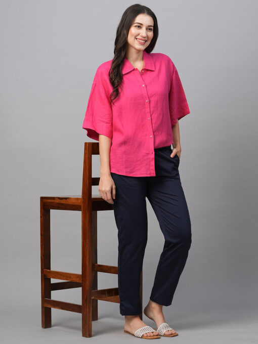 Women's Pink Linen Boxy Fit Blouse - Image 2