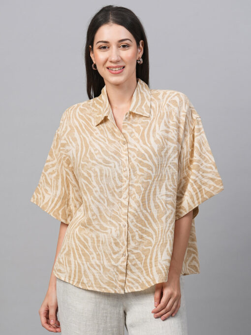 Women's Beige Cotton Linen Regular Fit Blouse - Image 3