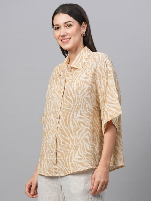 Women's Beige Cotton Linen Regular Fit Blouse - Image 4