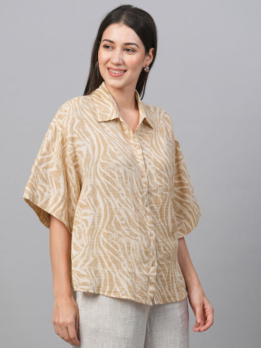 Women's Beige Cotton Linen Regular Fit Blouse - Image 5