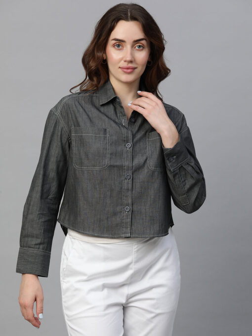 Women's Grey Cotton Regular Fit Blouse - Image 2