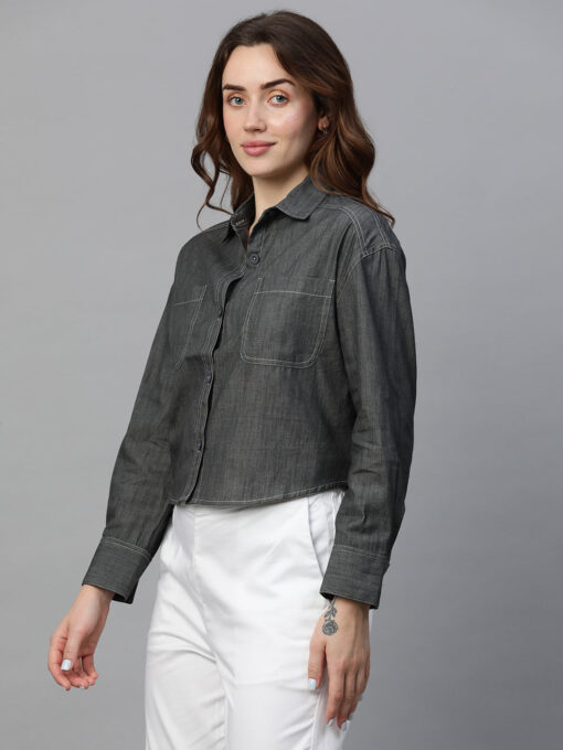 Women's Grey Cotton Regular Fit Blouse - Image 3