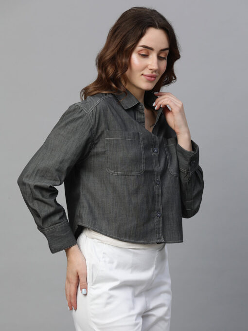 Women's Grey Cotton Regular Fit Blouse - Image 4