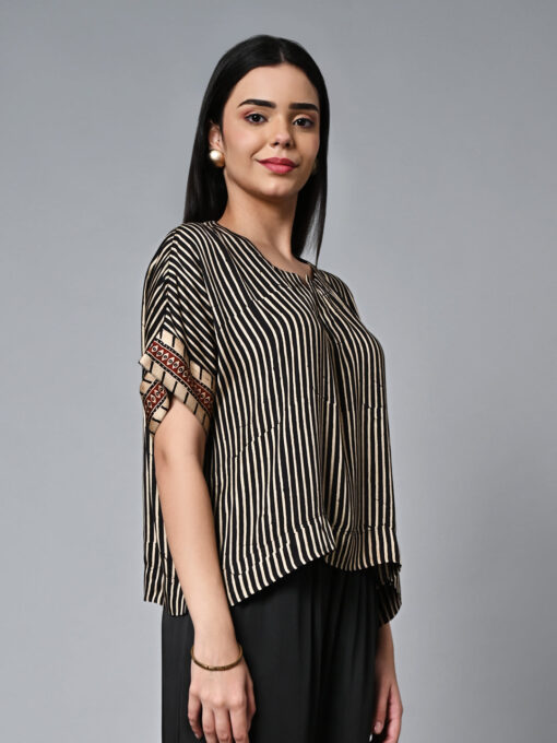 Women's Ajrak Hand Block Printed Boxy Fit Modal Black Blouse - Image 4