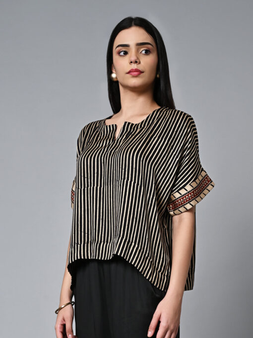 Women's Ajrak Hand Block Printed Boxy Fit Modal Black Blouse - Image 3