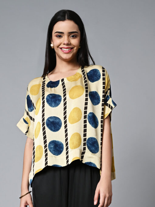 Women's Ajrak Hand Block Printed Boxy Fit Modal Mustard Blouse - Image 3