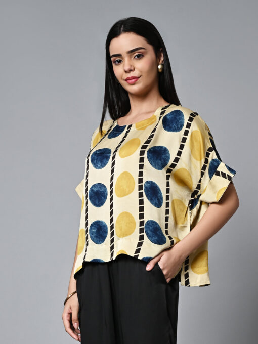 Women's Ajrak Hand Block Printed Boxy Fit Modal Mustard Blouse - Image 5