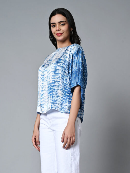 Women's Shibori Boxy Fit Modal Dark Blue Blouse - Image 5