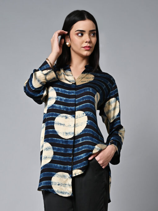 Women's Ajrak Hand Block Printed Loose Fit Modal Blue Blouse - Image 3