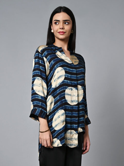 Women's Ajrak Hand Block Printed Loose Fit Modal Blue Blouse - Image 4