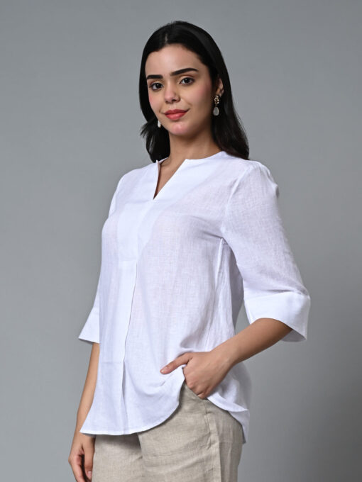 Women's White Linen Excel Regular Fit Blouse - Image 3