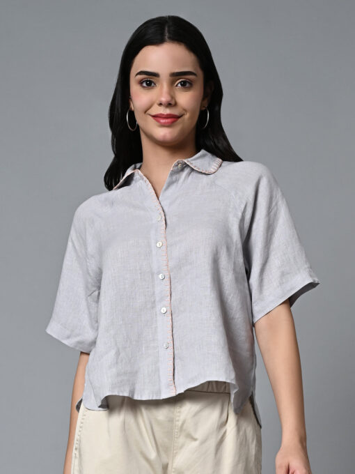 Women's Grey Linen Excel Regular Fit Blouse - Image 2